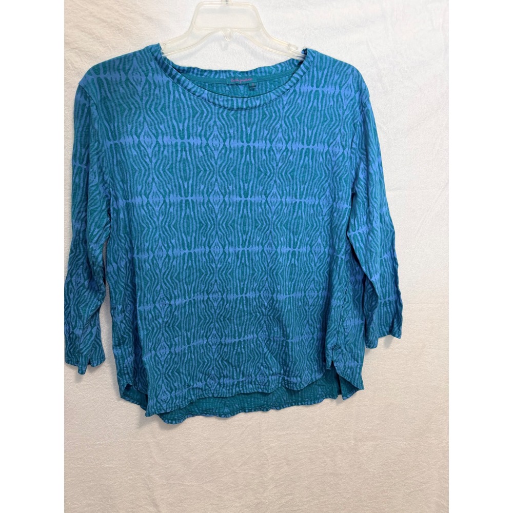 Fresh Produce Blue Teal Ikat Cotton Crew Neck Top 1X Made in USA E384
